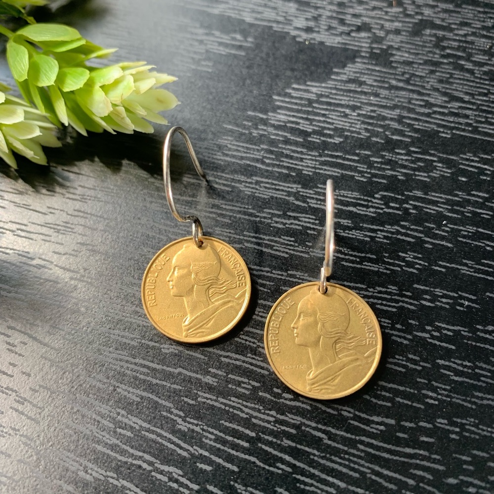 Vintage French Coin Earrings Hammered Sterling Ear Hooks Handcrafted Wor…
